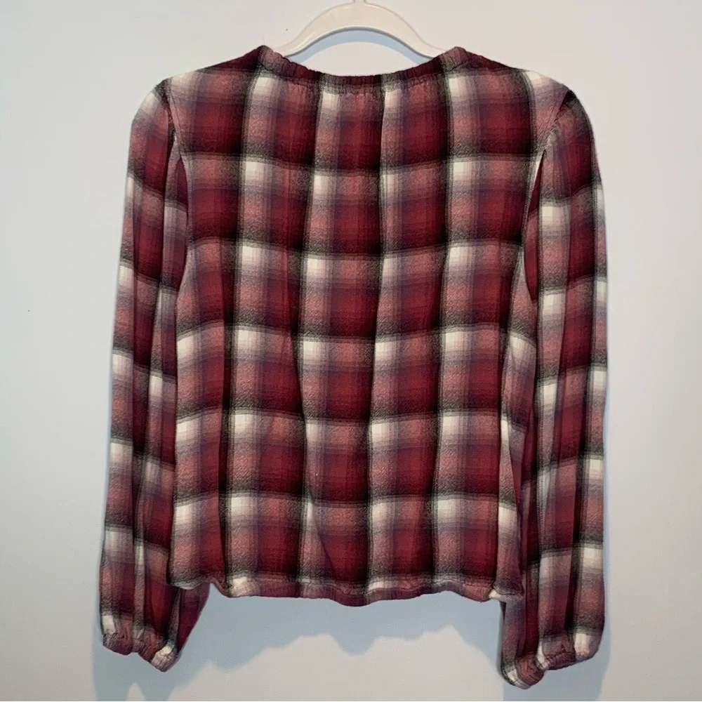 Cloth & Stone for Anthropologie Glacier Plaid Blouse Balloon Sleeves Berry Pink - Picture 4 of 5